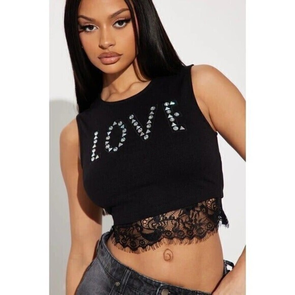 Fashionable Rhinestone Detail Lace Trim Sleeveless Cropped Top Size M RefM021